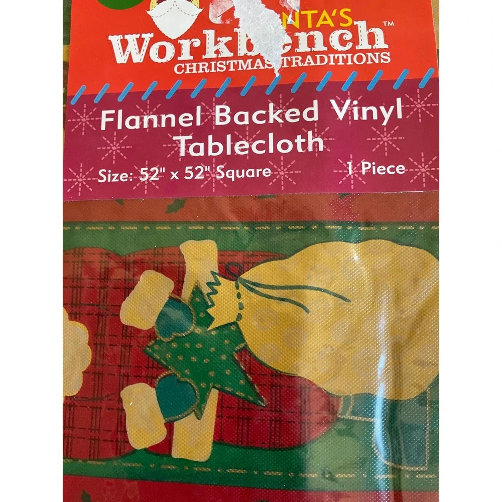 Santas Workbench Christmas Traditions Vinyl Tablecloth 52x52 Square Flannel Back
